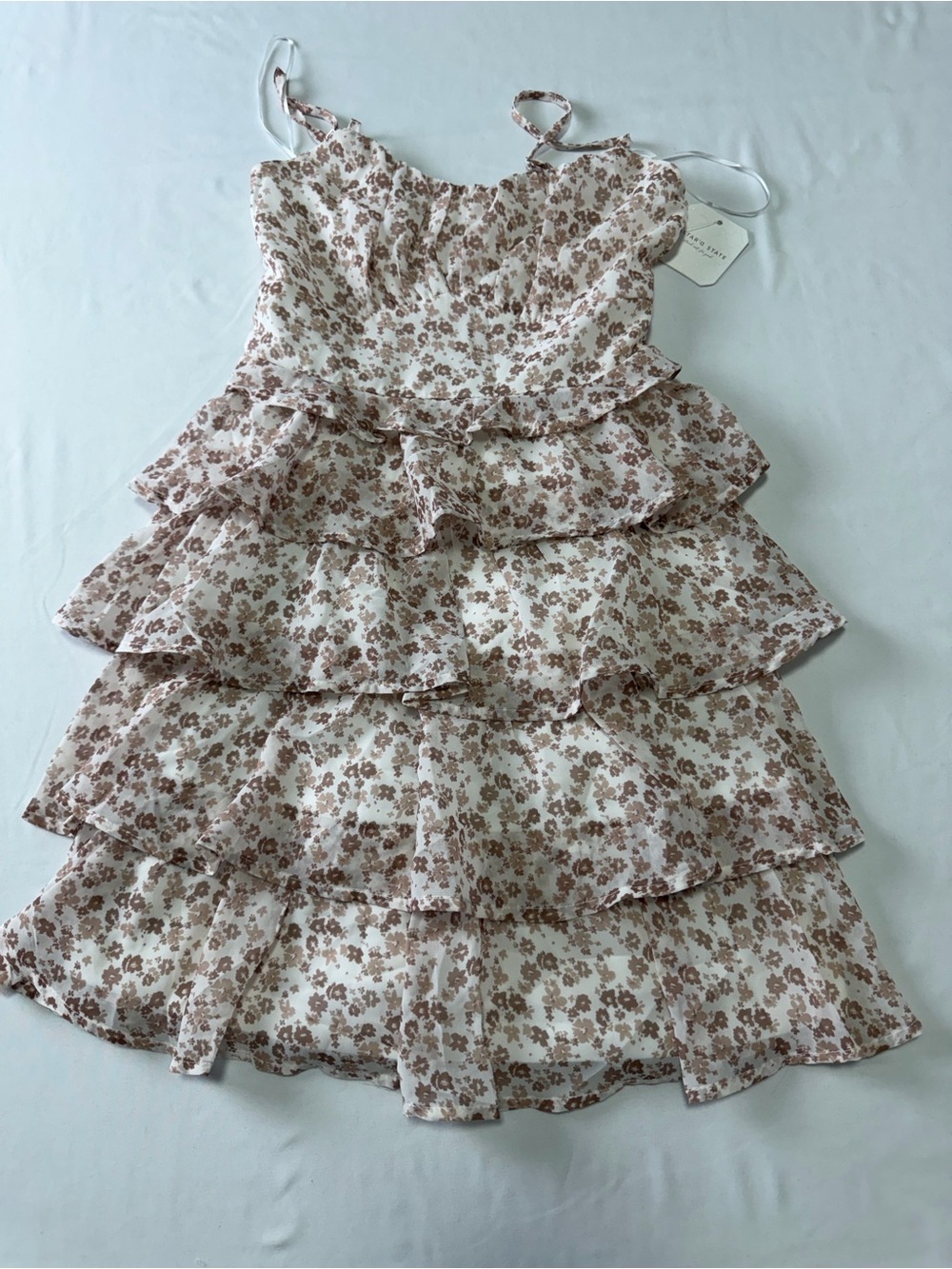 Altar'd State Cream Dress with Brown Floral Print and Tiered Ruffles